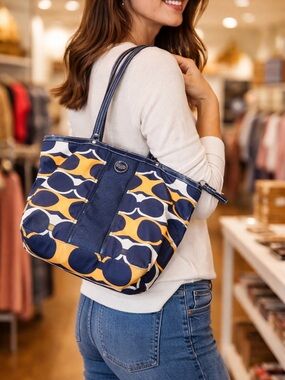 Coach Navy & Yellow Signature Pattern Shoulder Tote